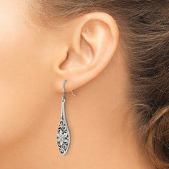 QE17059 Sterling Silver Polished Antiqued Floral Teardrop Shepherd Hook Earrings