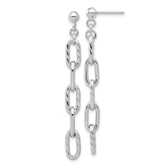 QE17068 Sterling Silver RH-plated Polish & Textured Chain Post Dangle Earrings