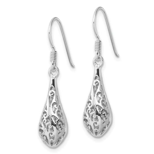 QE17071 Sterling Silver Rhod-plated Polished Puffed Filigree Design Earrings