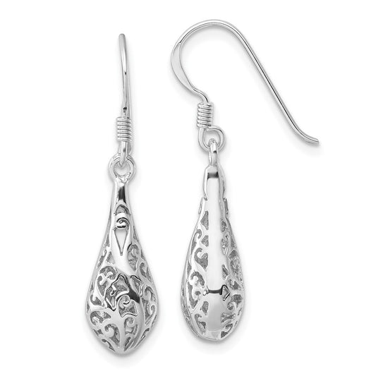 QE17071 Sterling Silver Rhod-plated Polished Puffed Filigree Design Earrings