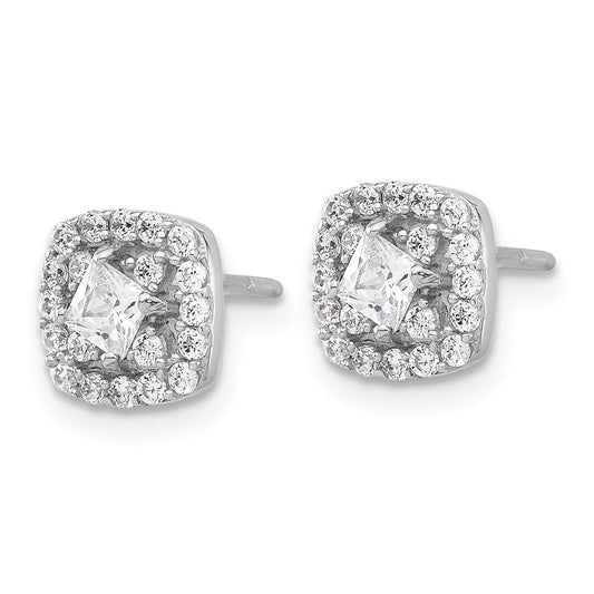 QE17103 Sterling Silver Rhod-plated Polished CZ Square Center Halo Post Earrings