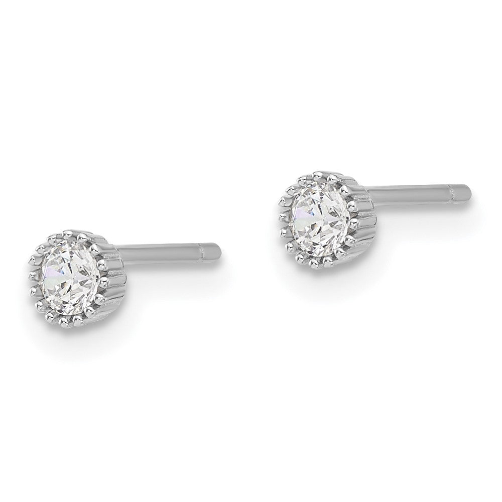QE17114 Sterling Silver Rhod-plated 3mm CZ Grooved Bezel Post Stud Earrings