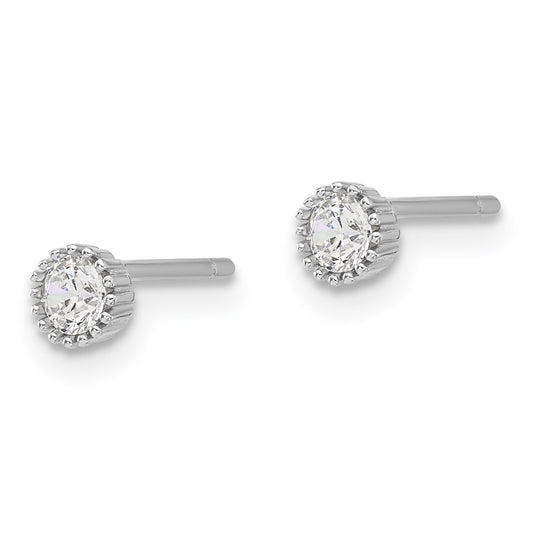 QE17114 Sterling Silver Rhod-plated 3mm CZ Grooved Bezel Post Stud Earrings