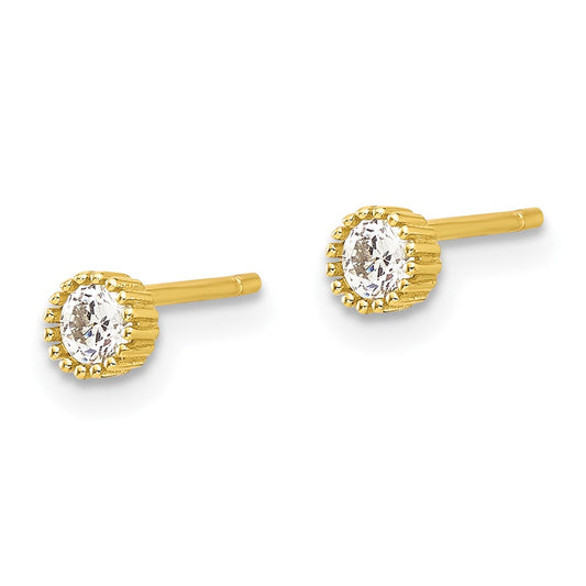 QE17114GP Sterling Silver Gold-tone 3mm CZ Grooved Bezel Post Stud Earrings