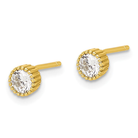 QE17115GP Sterling Silver Gold-tone 4mm CZ Grooved Bezel Post Stud Earrings