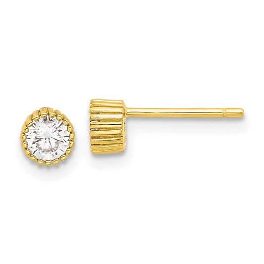 QE17115GP Sterling Silver Gold-tone 4mm CZ Grooved Bezel Post Stud Earrings