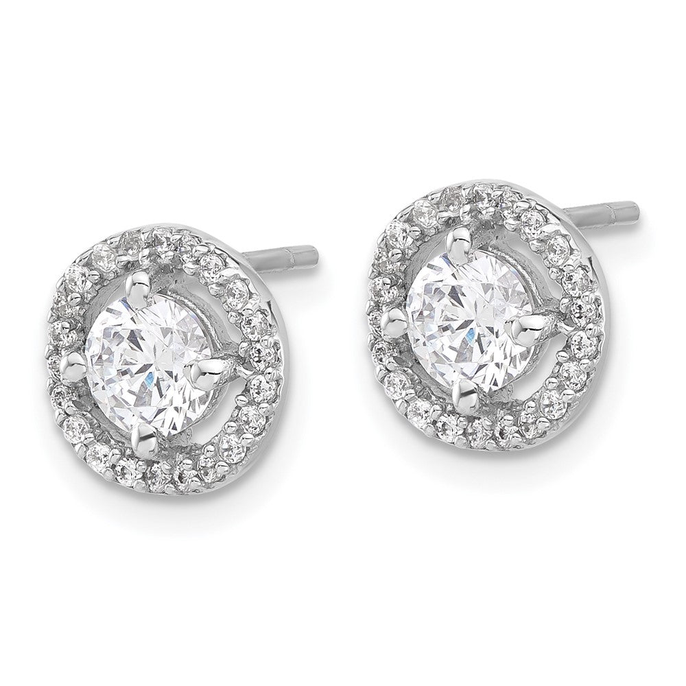 QE17124 Sterling Silver Rhodium-plated Polished Round CZ Halo Post Earrings