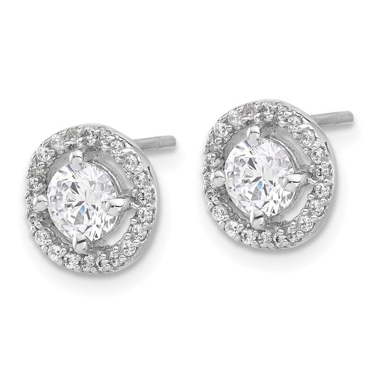 QE17124 Sterling Silver Rhodium-plated Polished Round CZ Halo Post Earrings