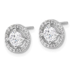 QE17124 Sterling Silver Rhodium-plated Polished Round CZ Halo Post Earrings