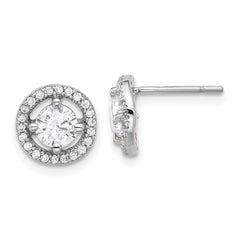 QE17124 Sterling Silver Rhodium-plated Polished Round CZ Halo Post Earrings