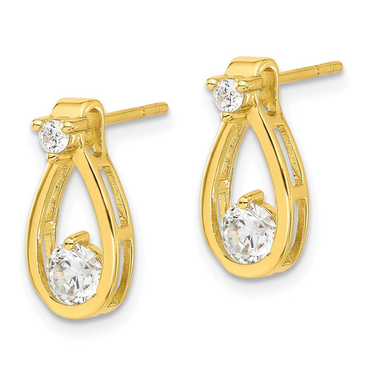 QE17134GP Sterling Silver Gold-tone Polished CZ Teardrop Post Earrings