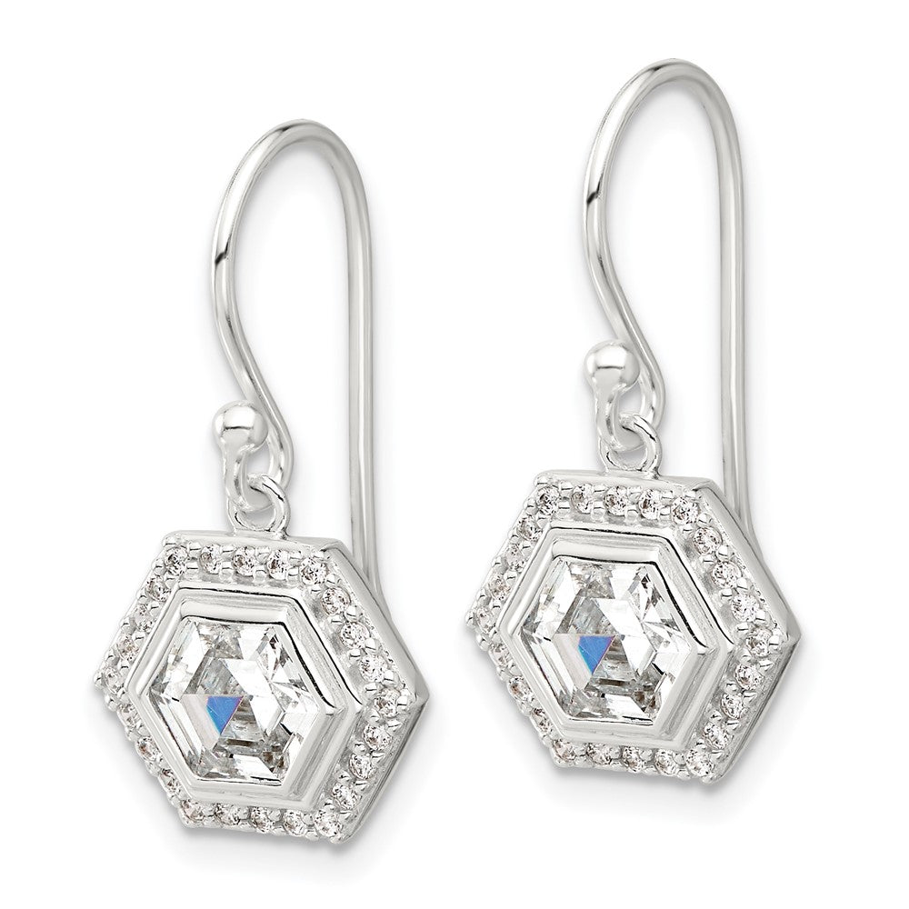 QE17138 Sterling Silver E-coated Polished CZ Hexagon Dangle Earrings