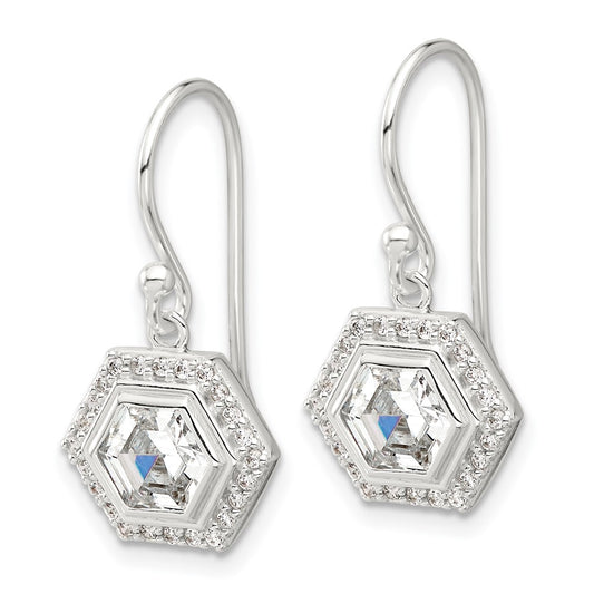 QE17138 Sterling Silver E-coated Polished CZ Hexagon Dangle Earrings