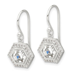 QE17138 Sterling Silver E-coated Polished CZ Hexagon Dangle Earrings