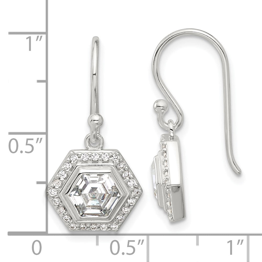 QE17138 Sterling Silver E-coated Polished CZ Hexagon Dangle Earrings