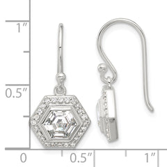 QE17138 Sterling Silver E-coated Polished CZ Hexagon Dangle Earrings