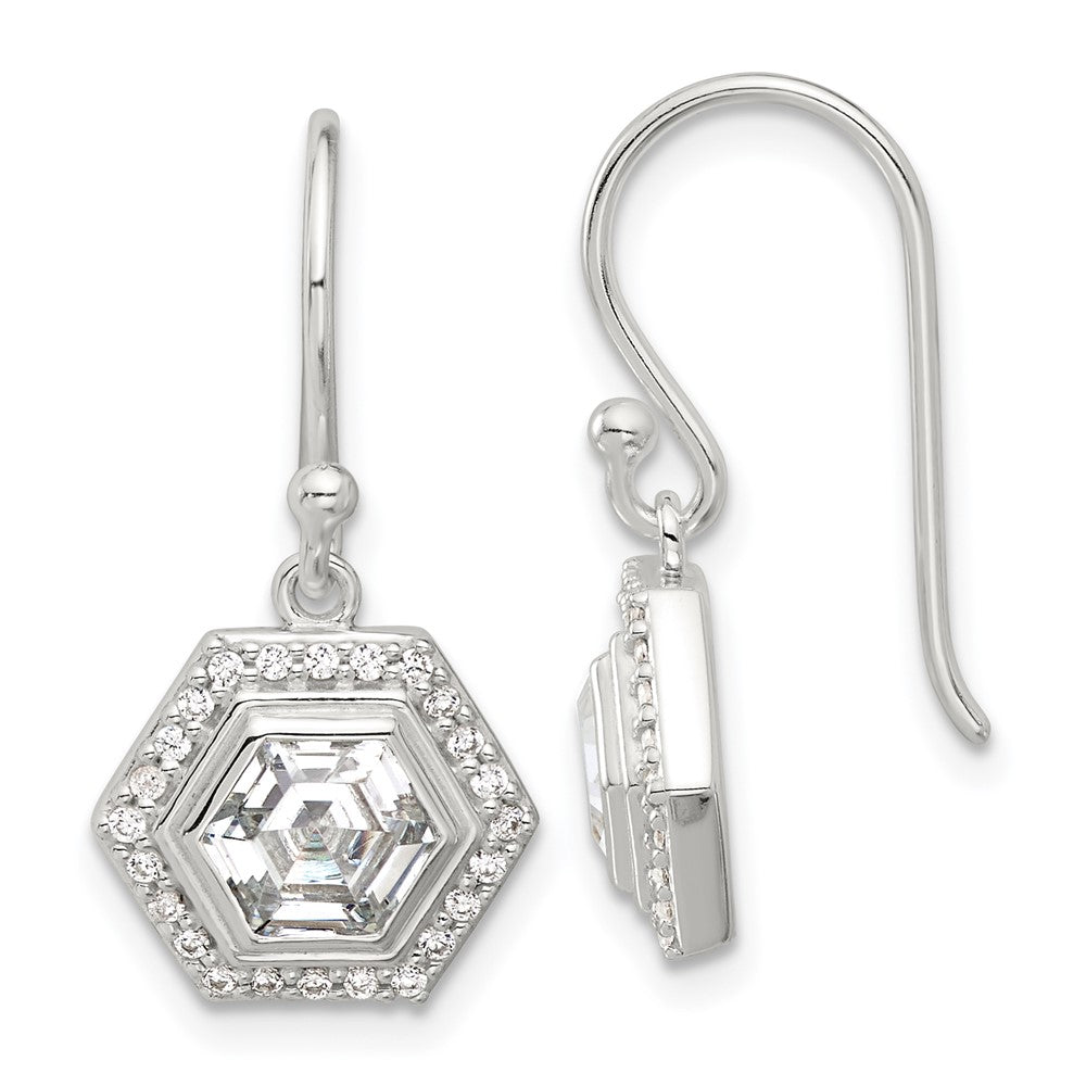 QE17138 Sterling Silver E-coated Polished CZ Hexagon Dangle Earrings