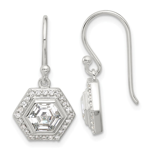 QE17138 Sterling Silver E-coated Polished CZ Hexagon Dangle Earrings