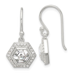 QE17138 Sterling Silver E-coated Polished CZ Hexagon Dangle Earrings
