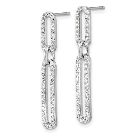 QE17141 Sterling Silver RH-plated Polished CZ Paperclip Post Dangle Earrings