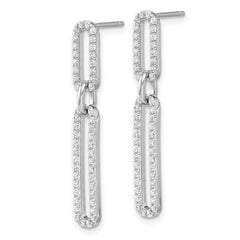 QE17141 Sterling Silver RH-plated Polished CZ Paperclip Post Dangle Earrings