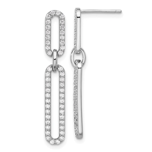 QE17141 Sterling Silver RH-plated Polished CZ Paperclip Post Dangle Earrings