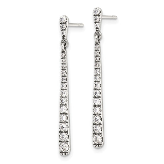 QE17153 Sterling Silver Polished & Antiqued Graduated CZ Post Dangle Earrings