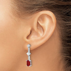 QE17154 Sterling Silver Rhod-plated Fancy Red & White CZ Post Dangle Earrings