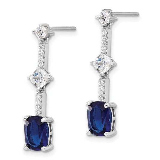 QE17155 Sterling Silver RH-plated Fancy Blue & White CZ Post Dangle Earrings