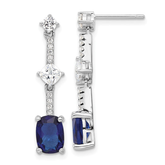 QE17155 Sterling Silver RH-plated Fancy Blue & White CZ Post Dangle Earrings