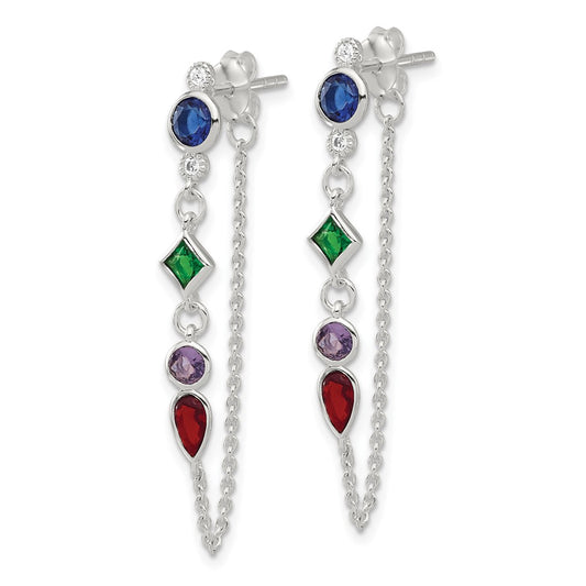 QE17157 Sterling Silver E-coated Multicolor CZ Front/Back Post Dangle Earrings