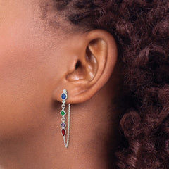 QE17157 Sterling Silver E-coated Multicolor CZ Front/Back Post Dangle Earrings