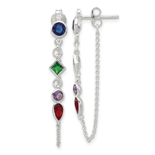 QE17157 Sterling Silver E-coated Multicolor CZ Front/Back Post Dangle Earrings