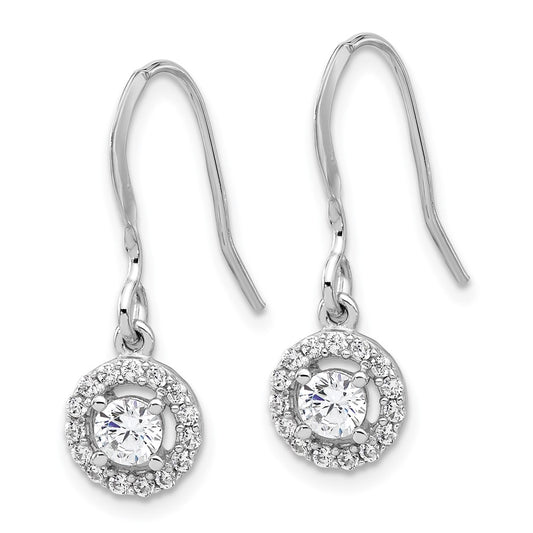 QE17159 Sterling Silver Rhodium-plated Polished Round CZ Halo Dangle Earrings