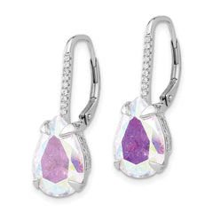 QE17165 Sterling Silver Rhodium-plated Pear Iridescent CZ Leverback Earrings