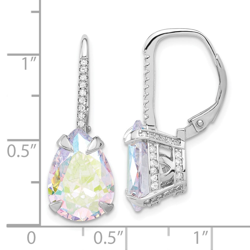QE17165 Sterling Silver Rhodium-plated Pear Iridescent CZ Leverback Earrings