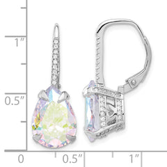QE17165 Sterling Silver Rhodium-plated Pear Iridescent CZ Leverback Earrings