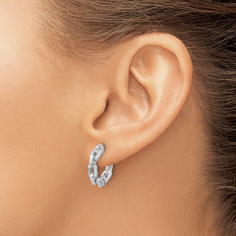 QE17166 Sterling Silver Rhodium-plated with CZ Link Design Post Hoop Earrings
