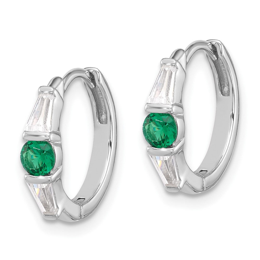 QE17177 Sterling Silver Rhodium-plated Green/White CZ Hinged Hoop Earrings