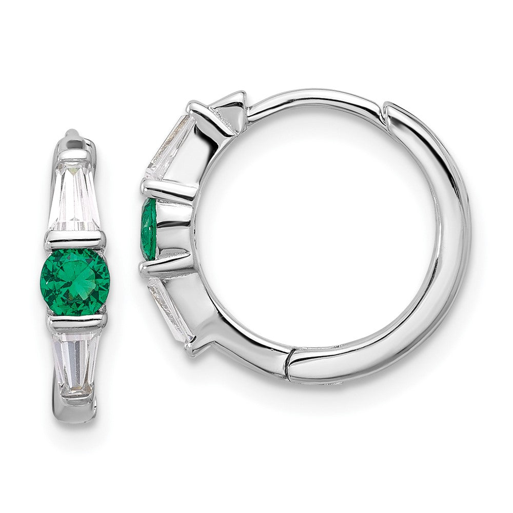 QE17177 Sterling Silver Rhodium-plated Green/White CZ Hinged Hoop Earrings