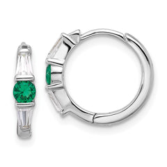 QE17177 Sterling Silver Rhodium-plated Green/White CZ Hinged Hoop Earrings