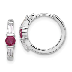 QE17178 Sterling Silver Rhodium-plated Red/White CZ Hinged Hoop Earrings