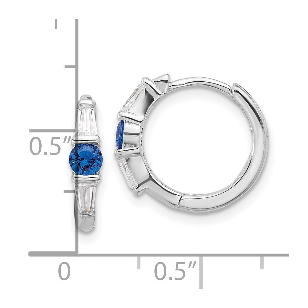 QE17179 Sterling Silver Rhodium-plated Blue Spinel and CZ Hinged Hoop Earrings