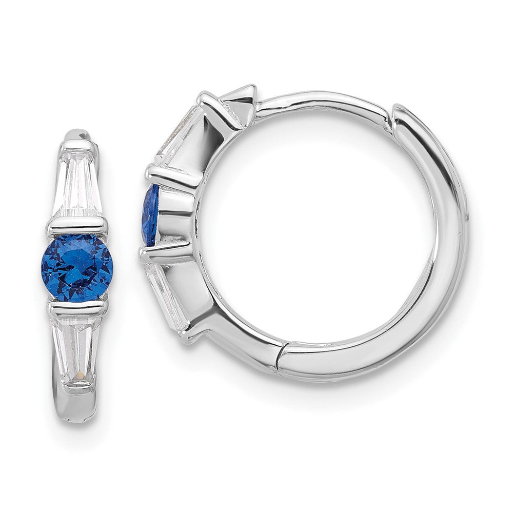 QE17179 Sterling Silver Rhodium-plated Blue Spinel and CZ Hinged Hoop Earrings