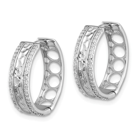 QE17193 Sterling Silver Rhodium-plated Hammered Center CZ 5.5mm Hoop Earrings