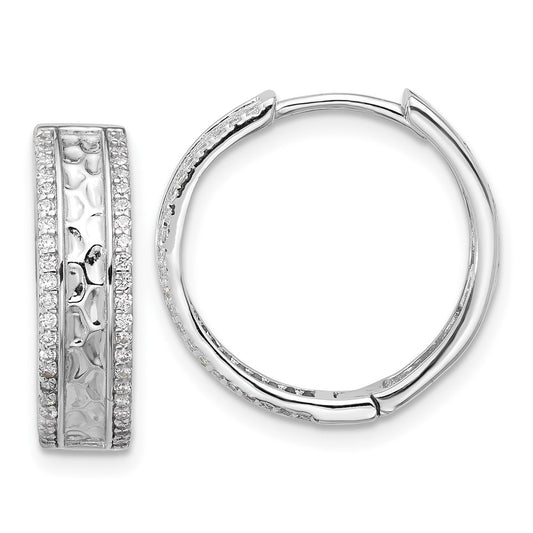 QE17193 Sterling Silver Rhodium-plated Hammered Center CZ 5.5mm Hoop Earrings
