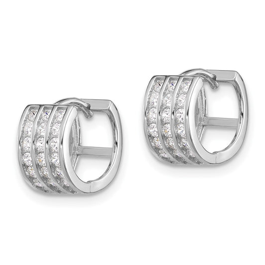 QE17197 Sterling Silver Rhodium-plated 3 Row CZ Hinged Hoop Earrings