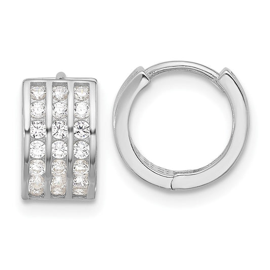 QE17197 Sterling Silver Rhodium-plated 3 Row CZ Hinged Hoop Earrings