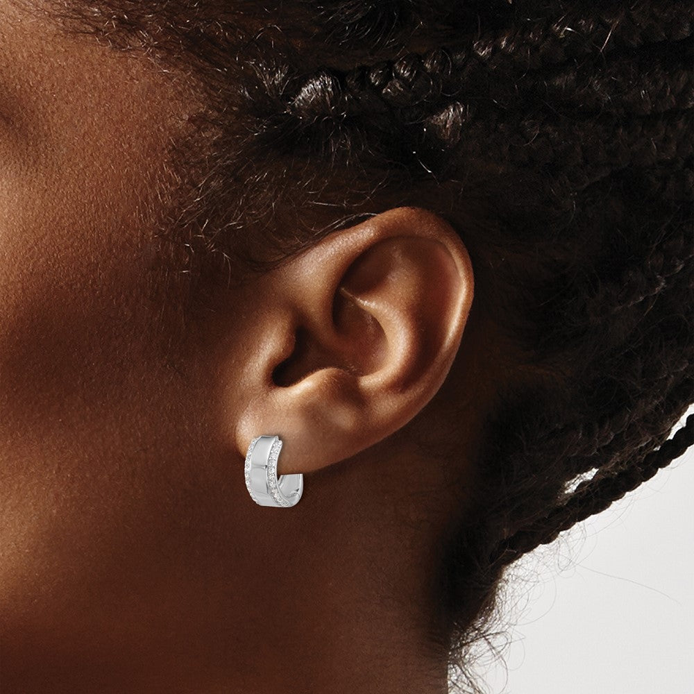 QE17200 Sterling Silver Rhodium-plated CZ Edged 6.25mm Hinged Hoop Earrings