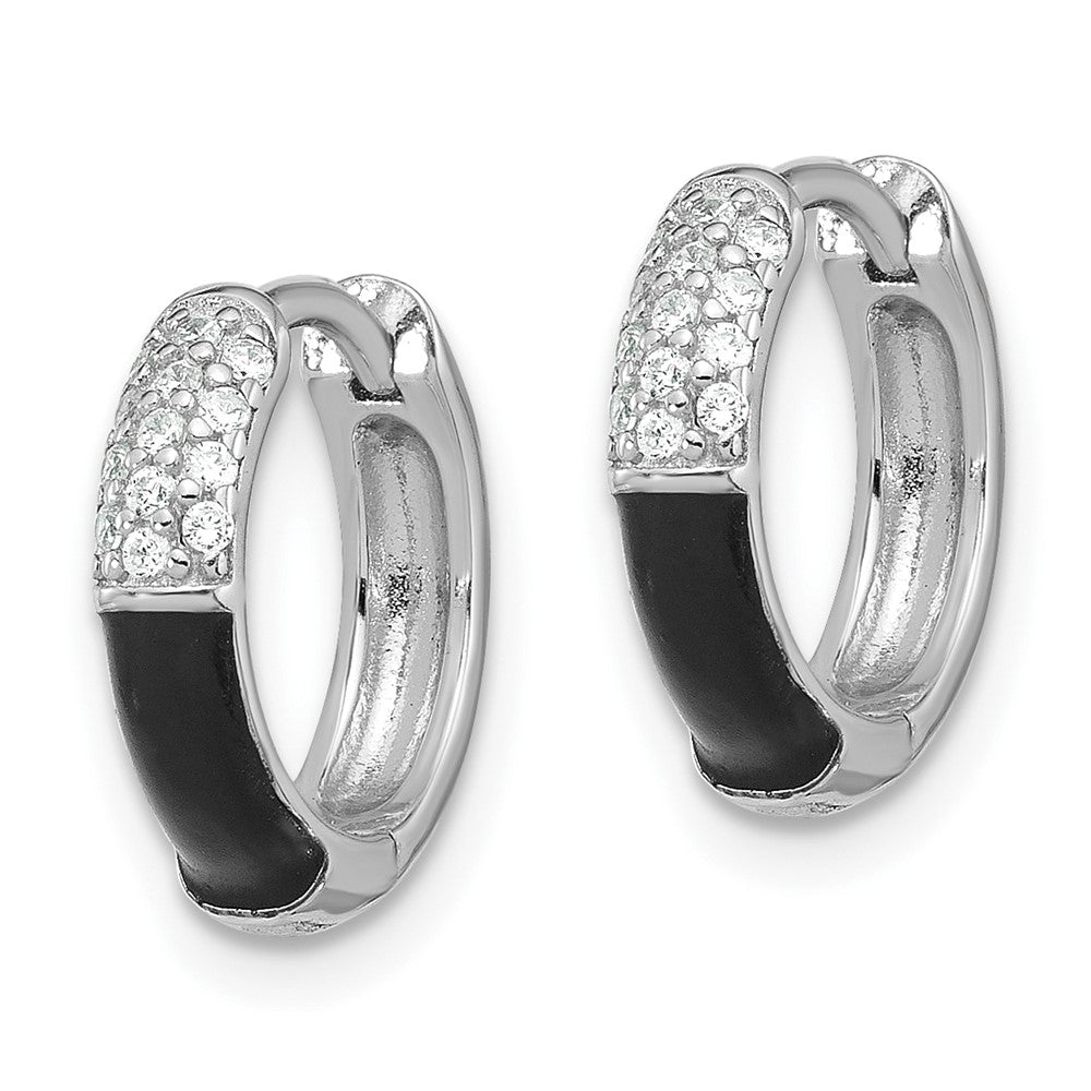 QE17202 Sterling Silver Flash Platinum-plated CZ Black Enamel Hoop Earrings